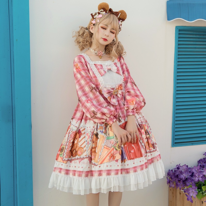 Original stamp bear soft girl lolita dress lo lolita OP dress Princess long sleeve New Year lolita Sweet Series