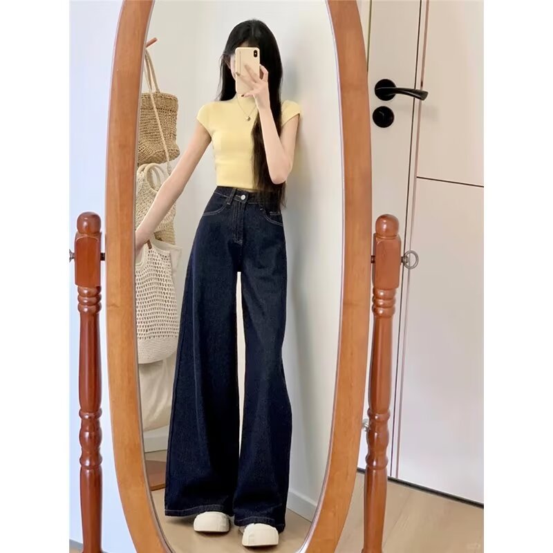 2025 K-Style of the New High-Waisted Summer Dark Blue Wide-Leg Jeans for Women Ins Loose and Versatile Drapedy Straight Pants