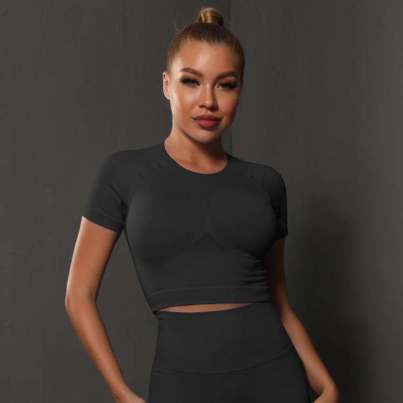 Picture of New spot! European and American Seamless Knitted Solid Color Chest Tight Top Sports Short Sleeve Tight Running Fitness Yoga Clothes