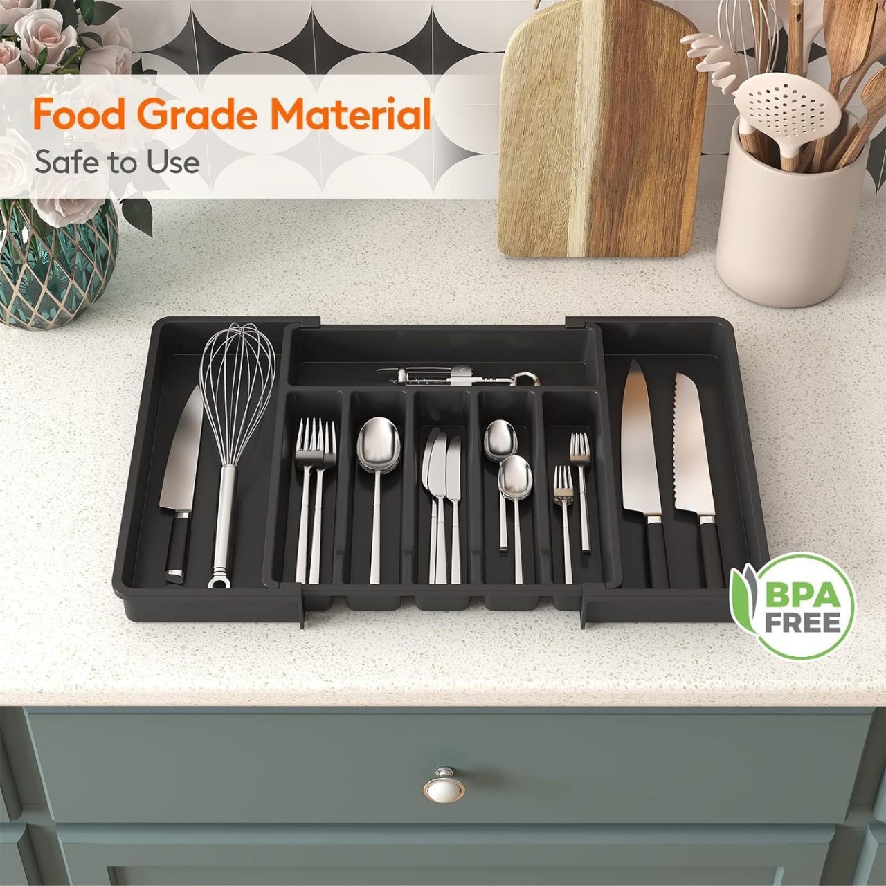 Cross-Border Silvercase Adjustable Cutlery Rack Retractable Plastic Drawer Storage Silverware Storage Box Desktop Rack