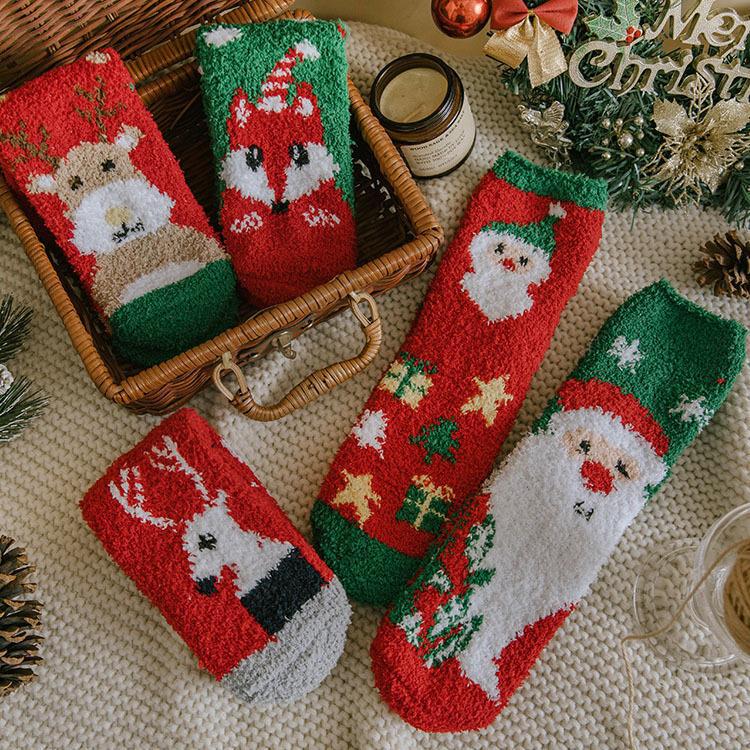 Autumn and Winter Coral Velvet Christmas Socks Elk Half Velvet Sleeping Floor Socks Cute Japanese Style Coral Velvet Women's Socks Mid-Calf Socks