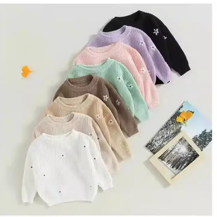 Picture of Ready-Made Hand-Embroidered Flower Cross-Border Pure Cotton Baby Knitwear Category a Autumn and Winter Bottoming Long-Sleeved Baby Girl Pullover Knitwear