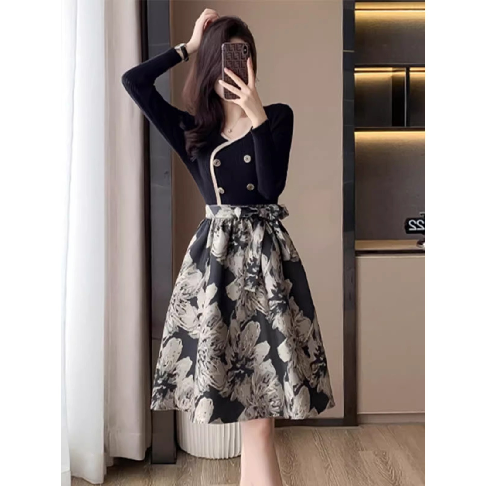 Gao Xiao Xiang style dress new style western style French elegant high-end light luxury printed long skirt A2997