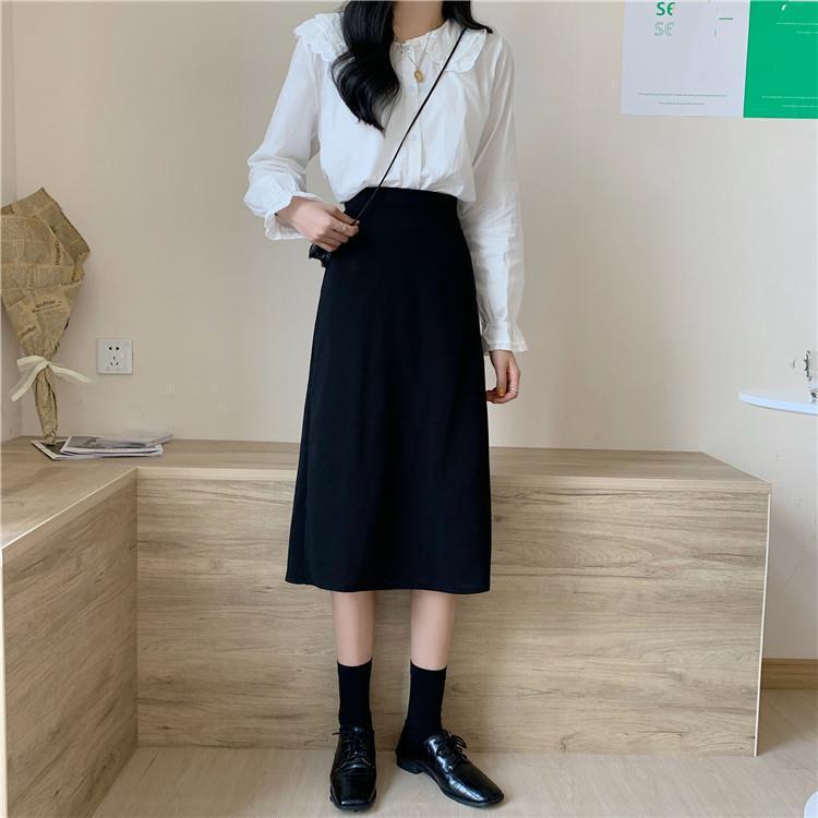 2024 Summer New plus size chubby girl Mid-length Black Skirt High Waist Split A- line Skirt One-step Hip Skirt