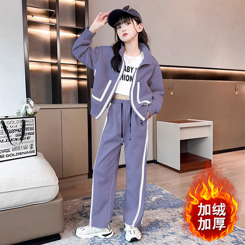 Picture of Girls' 2024 New Autumn and Winter Sports suit Girls' Straight Pants Slim-fit fleece-lined Thickened Two-piece Set