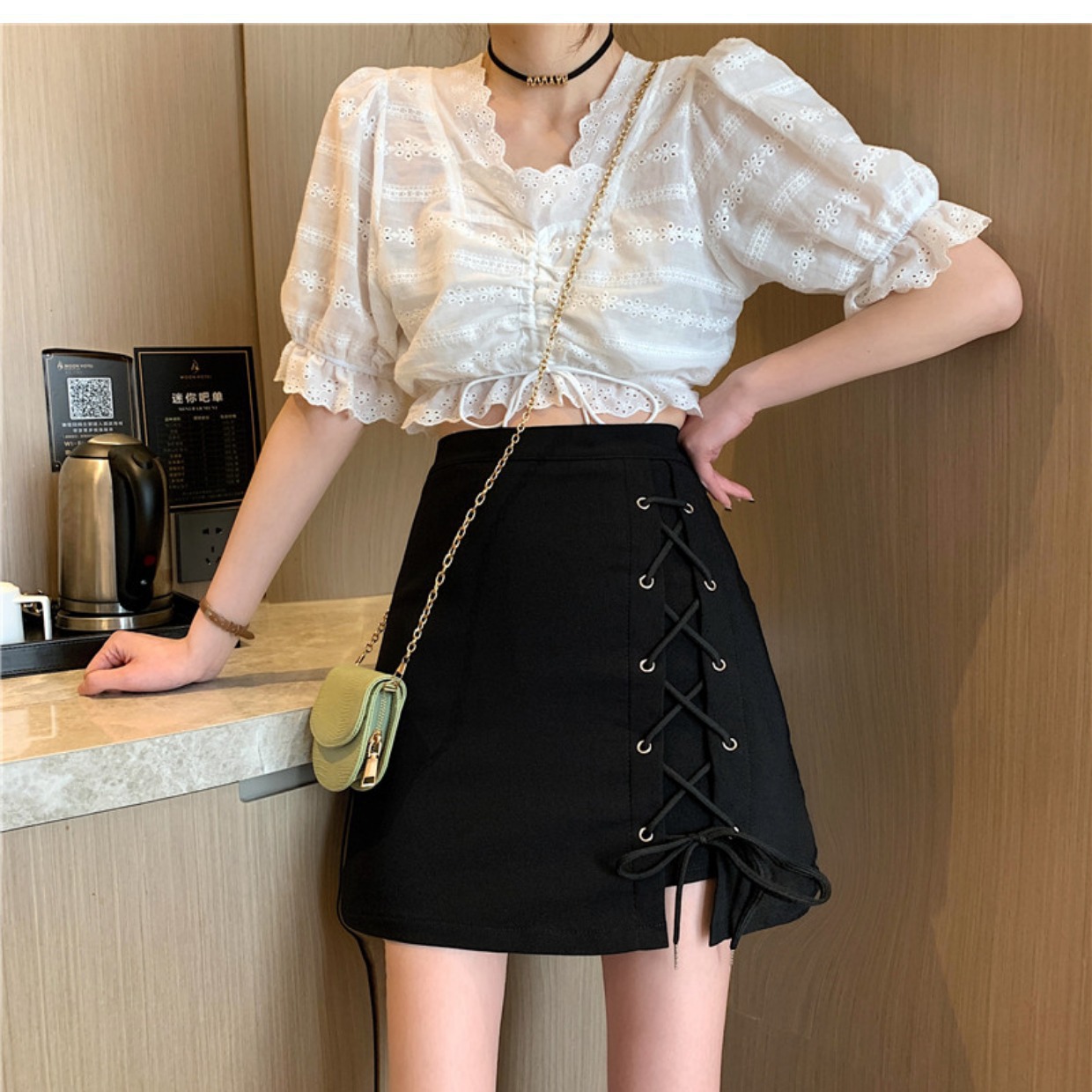 New Hip Skirt Short Skirt High Waist Anti-Light Drawstring A Irregular Korean Style Summer Skirt 2023 Black