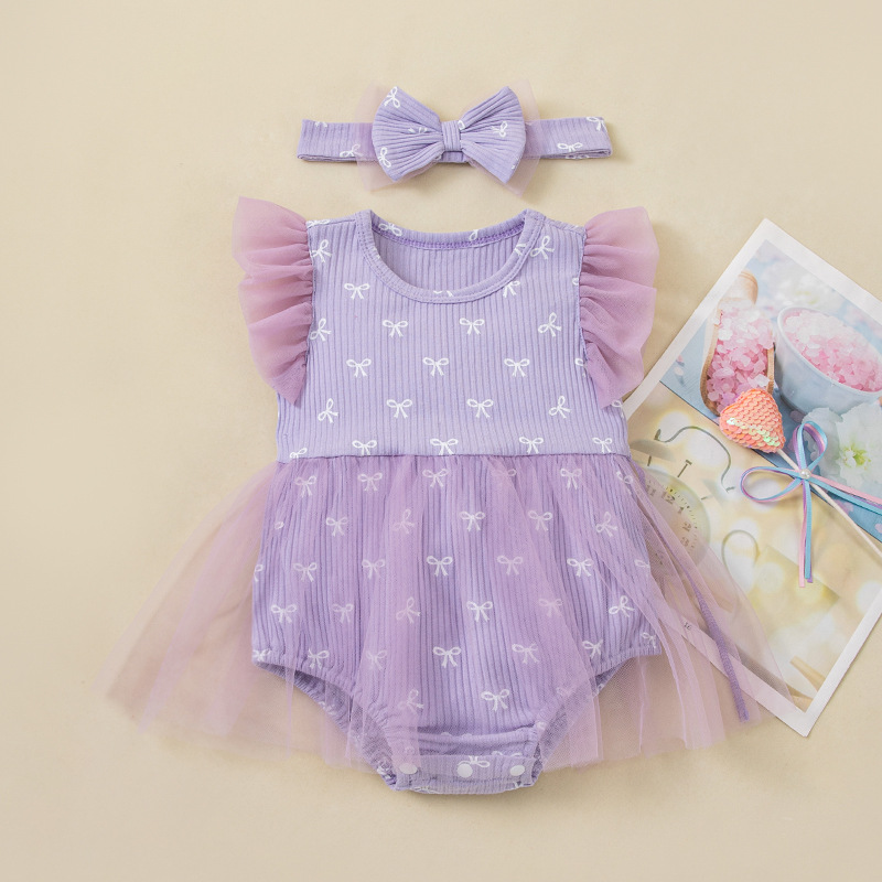 Picture of Factory Direct supply new baby girl mesh romper dress Western style cute small flower flying sleeve jumpsuit hair accessories suit