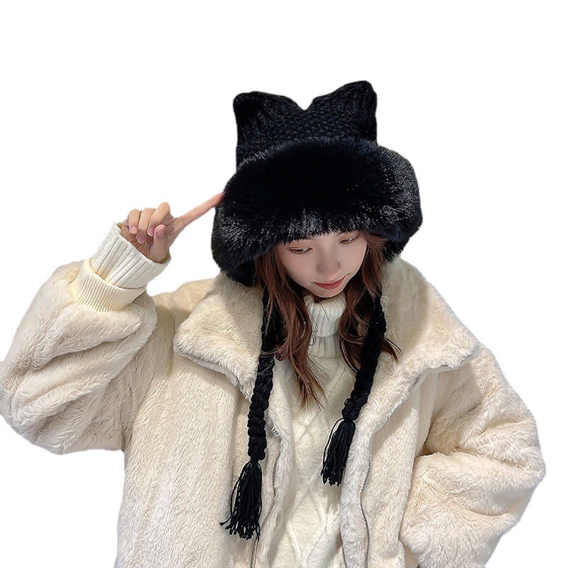 Japanese cat ear hat women's winter knitted hat ear protection Lei Feng hat stuffed hat soft girl cute wool hat wholesale