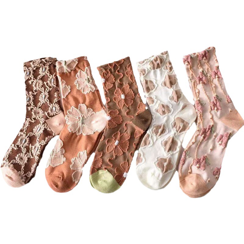 Three-dimensional embossed socks women's mid-calf length socks new French style high-looking trendy all-match retro lace Japanese stockings