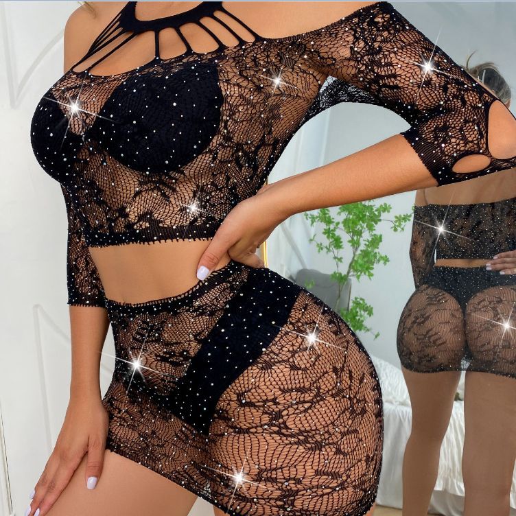 TZ140 Amazon Foreign Trade New Sleeve Hot Drilling Sexy One-piece Mesh Split Hip Skirt