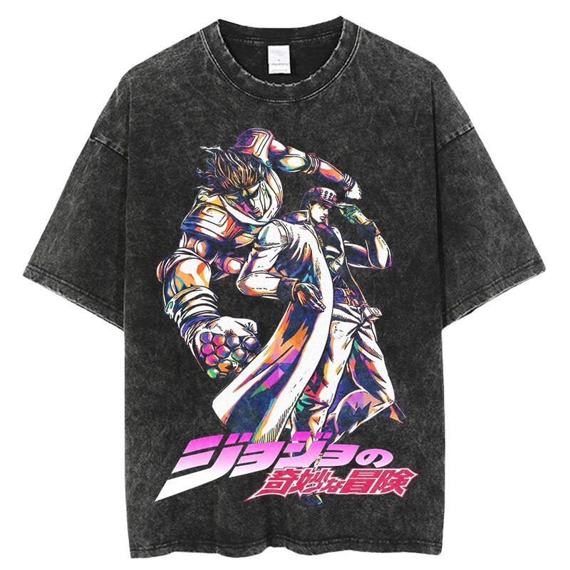 250g Old Retro Digital Japanese Anime Washed Short-Sleeved Batik Wonderful T-Shirt Direct Spray Adventure Jojo