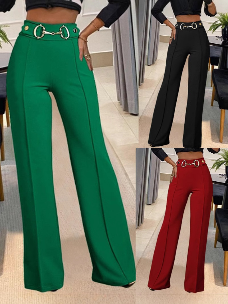 European and American Amazon Spring and Autumn Cross-Border New Products, Casual Solid Color High-Waisted Metal Decorative Straight Pants
