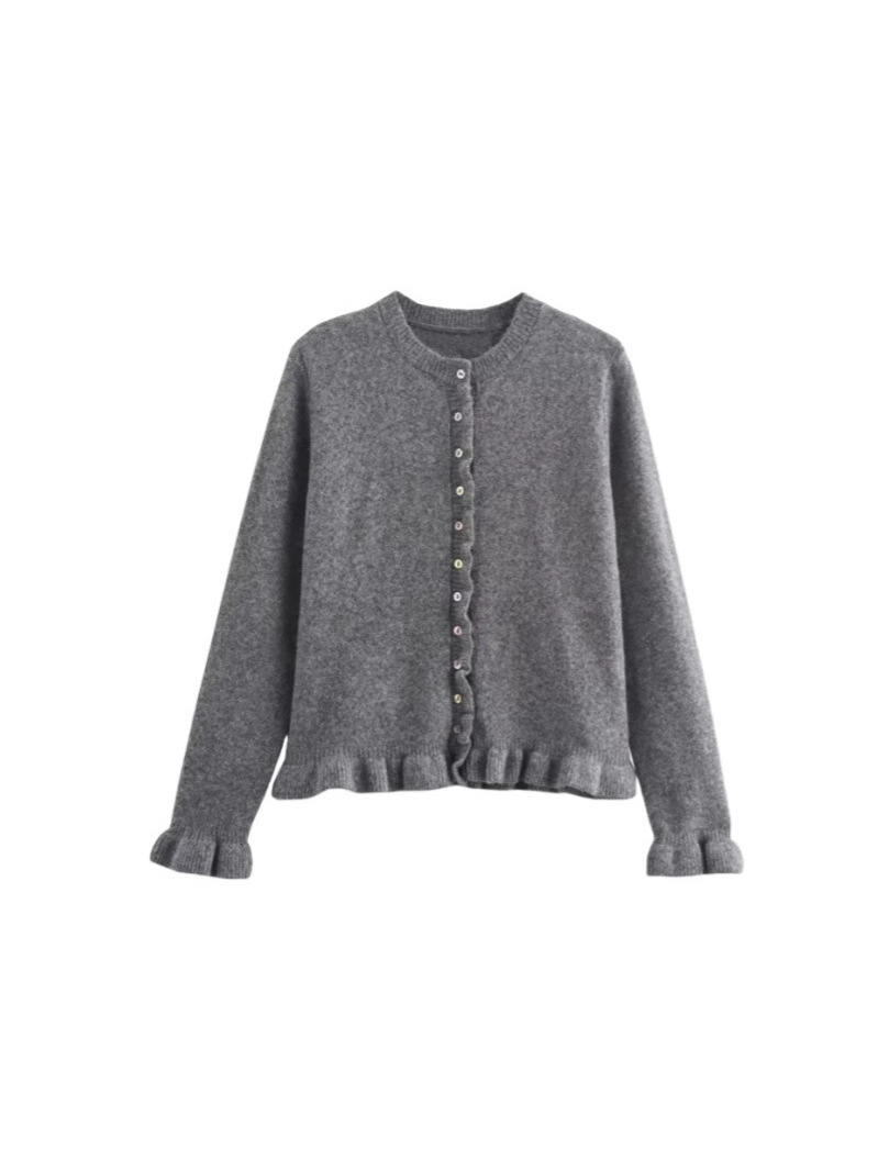 European and American Style Layered Decorative Knitted Cardigan 2024 Autum New Round Neck Single-Breasted Loose Pure Color Sweater Jacket