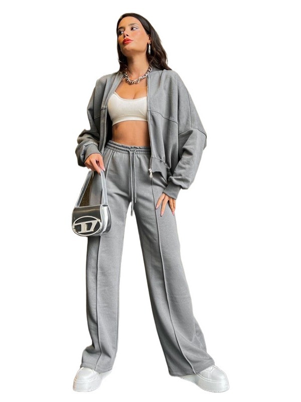 Picture of 211348 autumn and winter new cross-border European and American solid color zipper cardigan sweater women's fashion casual straight pants suit