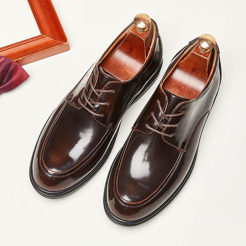 Korean Style 2025 New Leather Gloomy Business Casual Leather Shoes Men's Formal Wear Patent Leather Round Toe Lace-Up Derby Shoes