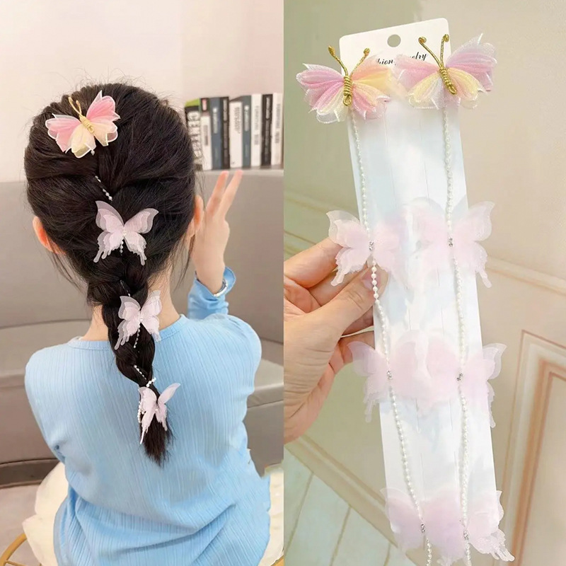 Picture of Little girl's new ancient style handmade butterfly pearl chain braided hairpin princess fairy head flower bead hair band headdress