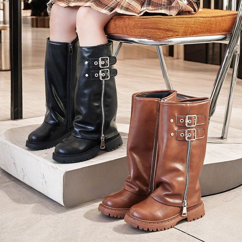 Girl's knee-length chunky heel riding boots, 2025 autumn/winter new fashionable stylish belt buckle vintage pleated trouser boots