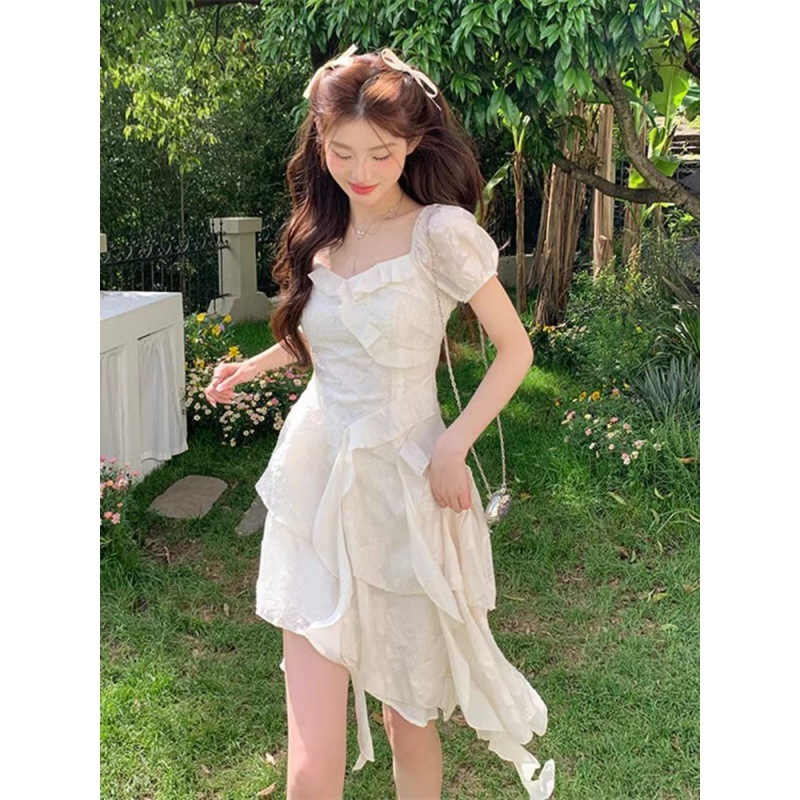 Super Fairy Ruffled dress Women's Summer New Design Sense Tight Waist Slimming French Style Tea Break First Love Small White Dress Trendy