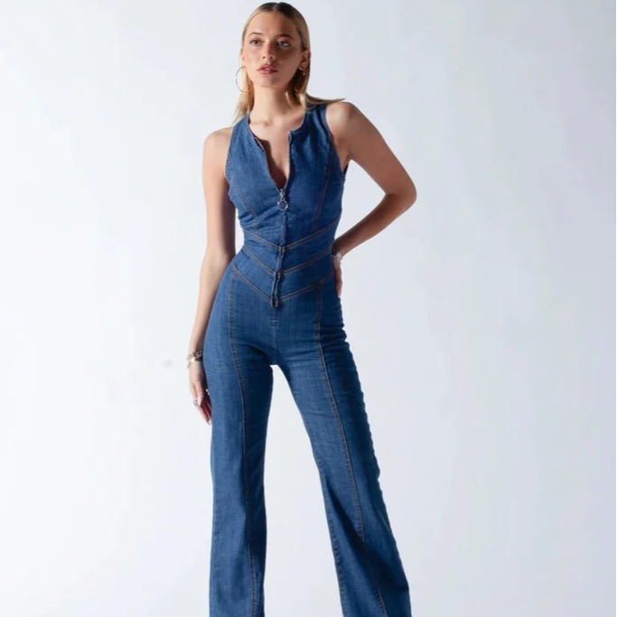 European and American Style Women's Clothing 2023 Spring New Slim Sleeveless Fashion Street Retro Style High Waist Denim Jumpsuit for Women