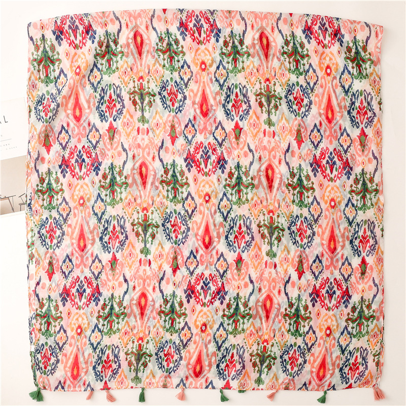 Picture of Suya Japanese Style Fresh Cotton and Linen Hand Scarf Scarf Bali Yarn Color Pop Geometric Shawl Scarf Women