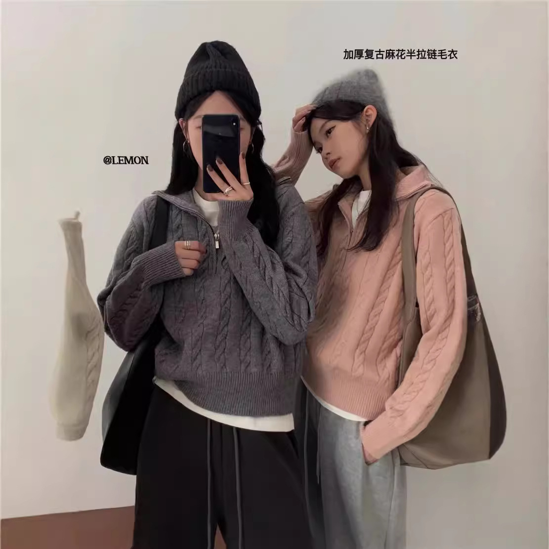 Korean Dongdaemun Lazy Thickened Retro Thick Needle Twist Half-Zip Sweater Jacket Women's Trendy
