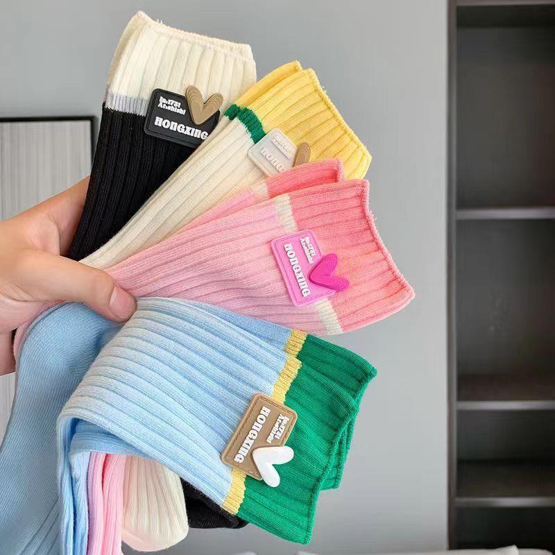 Dopamine Color Wearing Socks Women's Cotton Double Needle Thin Summer Double Color Middle Tube Accessories Trendy Socks Trendy