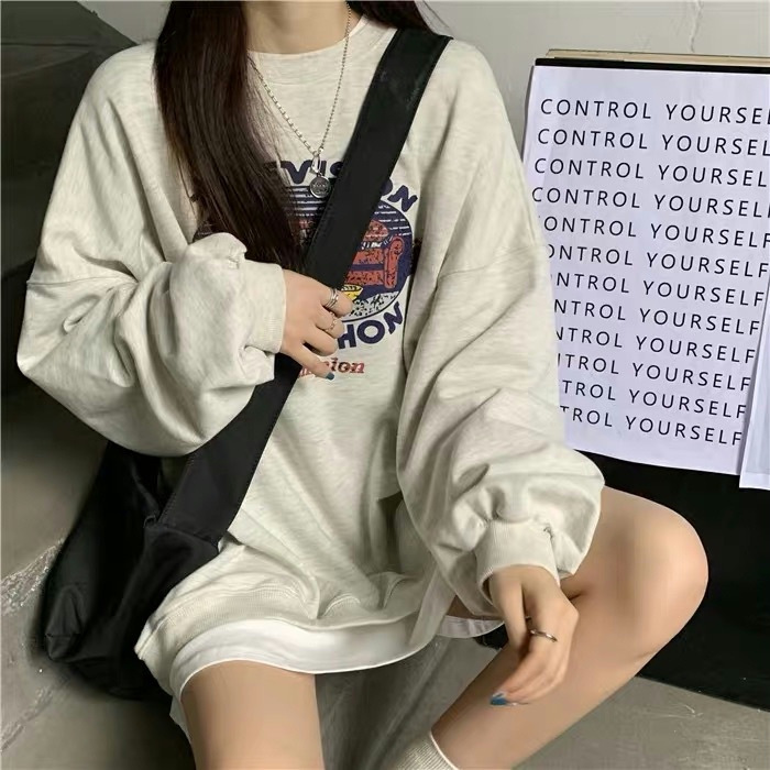 Picture of American Style Retro Printed Round Neck Sweater Women's Autumn Clothing Student Base Shirt Regular Casual Loose Top Thin Trendy