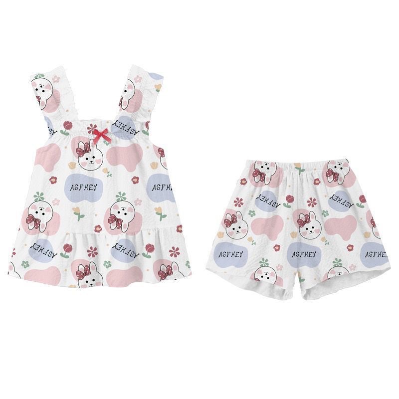 Picture of 2024 new summer thin fashionable cute suspender shorts suit Cartoon Cartoon children and girls pajamas outside