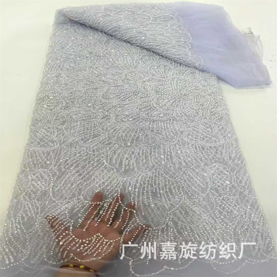 Picture of African large flower beaded tube sequin wedding dress fashion fabric 5yards African beaded lace