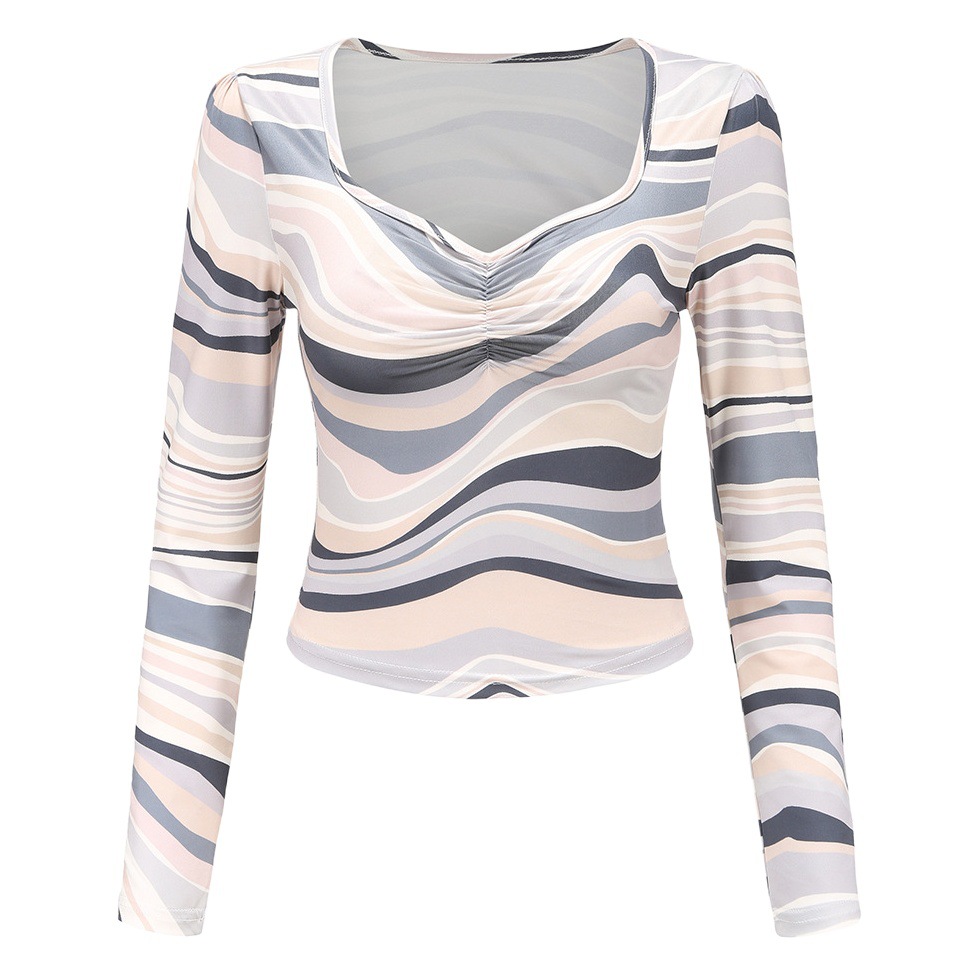European station sexy V-neck T-shirt women's 2021 autumn and winter New careful machine printed long-sleeved top