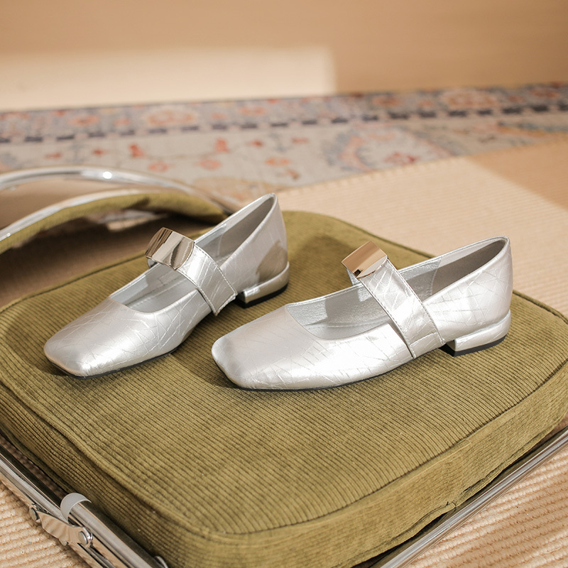 2301 Flat Shoes Women's Chunky Heel New Square Toe silver Shoes with Mary Jane French Low Heel Low-cut Single-layer Shoes