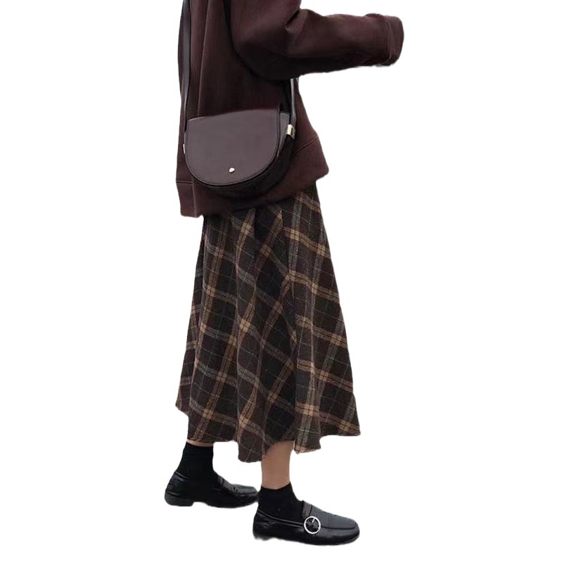 Spring and Autumn plaid skirt women's retro New plus size mid-length A- line skirt large swing skirt high waist slimming long skirt fashion