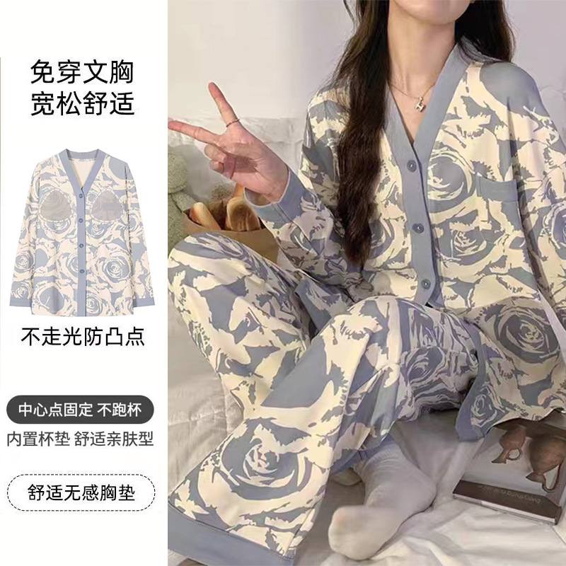 Picture of 2024 New Chest Pad One-piece Pajamas Women's Spring and Autumn Thin Long Sleeve Trousers Outer Wear Home Wear Cotton suit