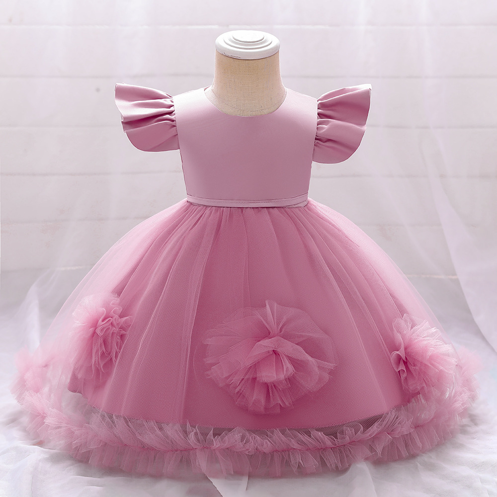 Amazon New Girls' Dress Mesh Flower Flying Sleeve Princess Dress Flower Children's Pruffled Dress Baby One-year-old Wash Dress