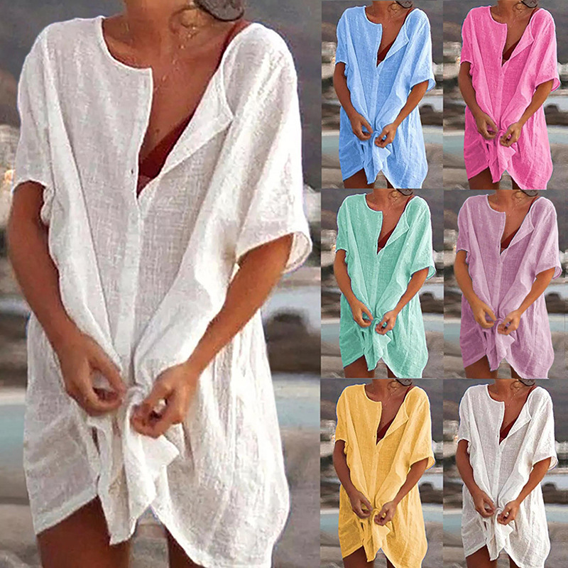 Cross-border Foreign Trade European and American Women's Shirt Multi-color Multi-size Mid-length Loose Solid Color Short-sleeved Shirt Women's in stock