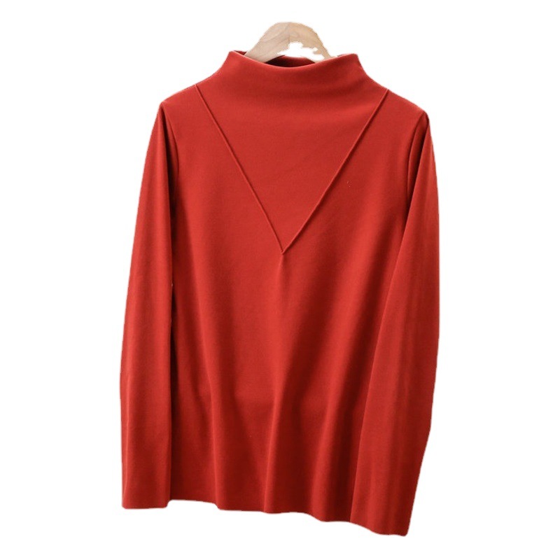 Reversible velvet heating V-shaped semi-turtleneck base shirt for women in autumn and winter with plus-size long-sleeved thickened warm tops
