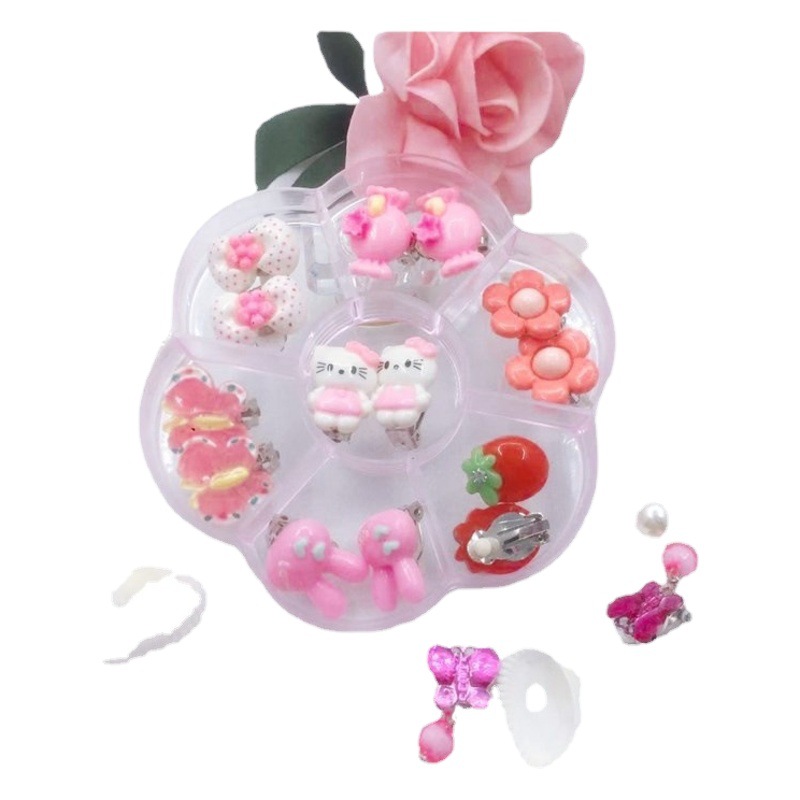 Children's Cartoon Plum Blossom Box Hot Ear Clip Boxed Earrings Beads Bracelet Ring Earrings Girls' Jewelry Wholesale