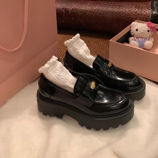 Cowhide version ~ grape mother with gas small gold coin pointed round head thick heel pedal loafers women's thick-soled small leather shoes
