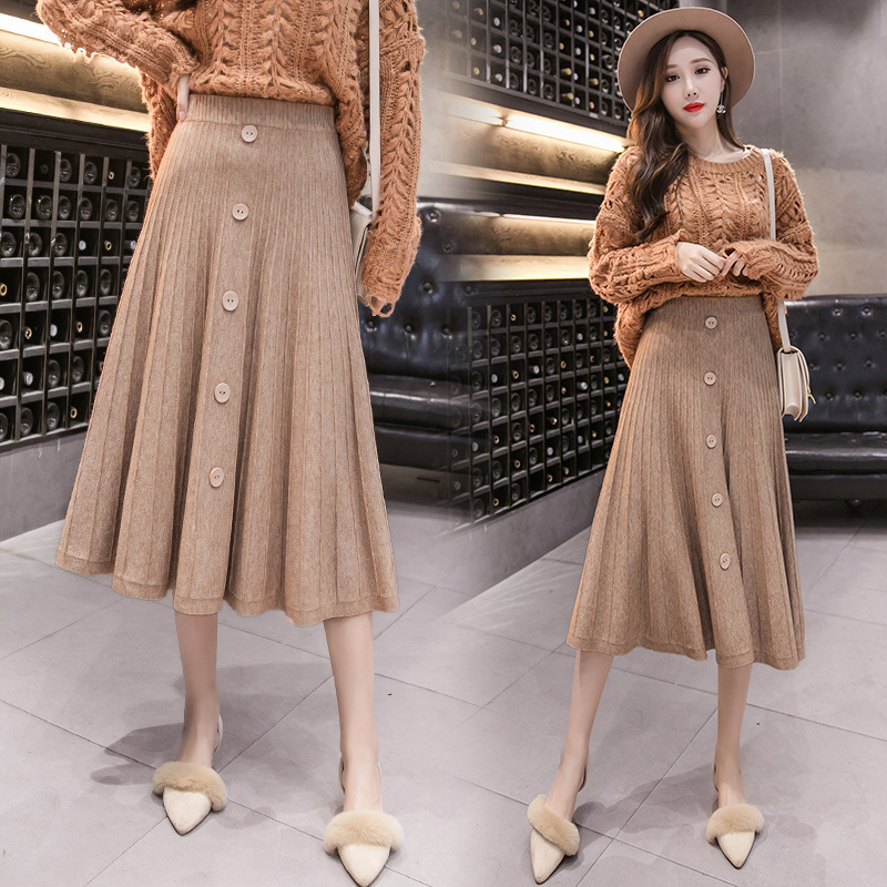 Real Shot Knitted a-Shaped Skirt Women's Mid-Length Spring and Autumn High Waist ins Super Hot Long Skirt Suitable for Thick Hip and Thigh