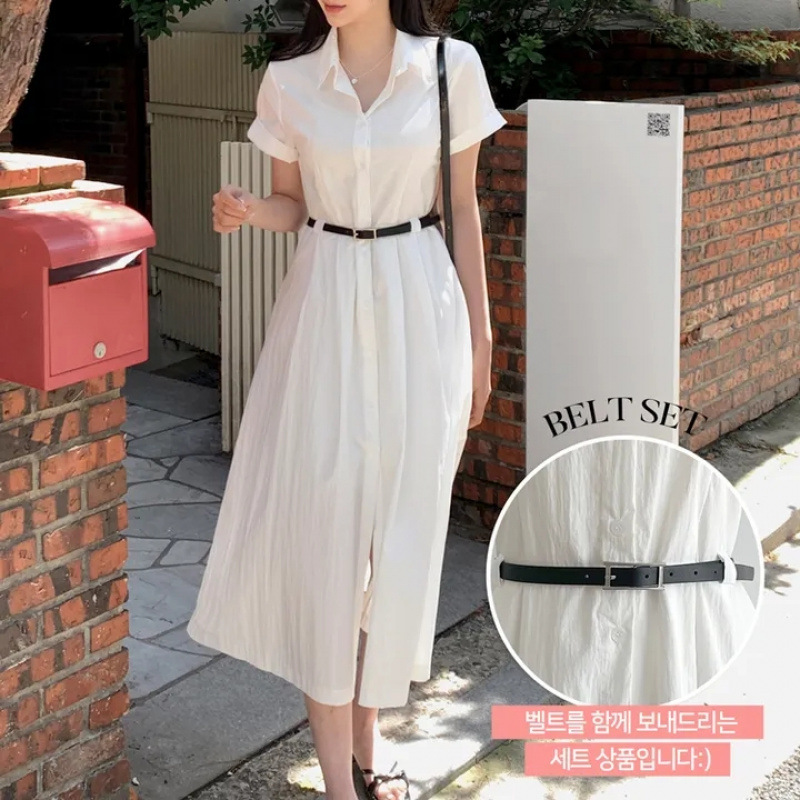 Updated Summer French Style Elegant Retro Lapel Single-breasted Tight Waist Simple Shirt Dress dress with Belt