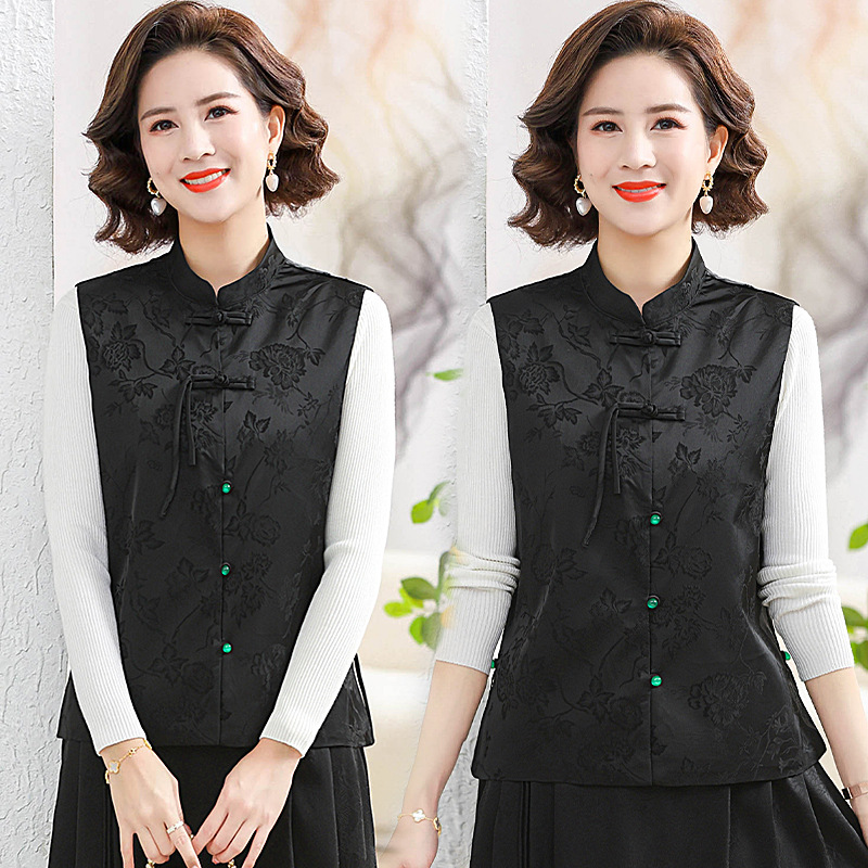 Picture of Chinese style satin jacquard vest Vest Women's Spring and Autumn New Stand Collar buckle retro vest short top