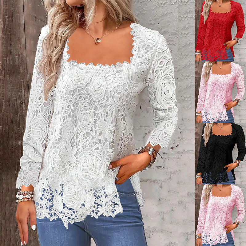 Independent station Amazon 2023 European and American Foreign trade autumn and winter New U-collar square collar lace bottoming shirt long sleeve T-shirt