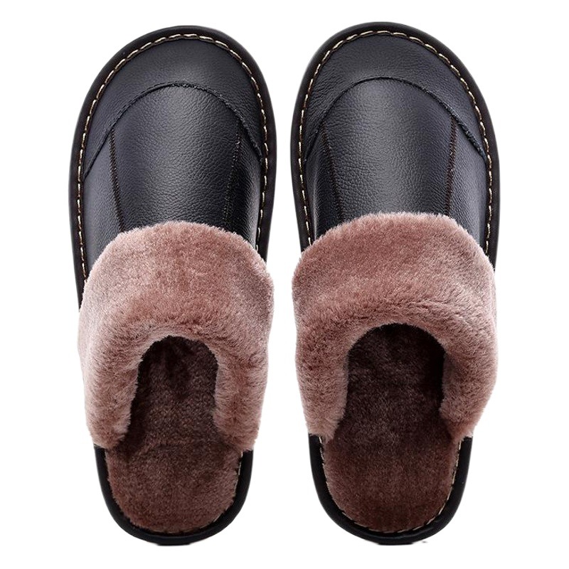 Autumn and Winter Cotton Slippers Indoor Leather Slippers Plush Thickened Warm Non-Slip Household Leather Cotton Slippers