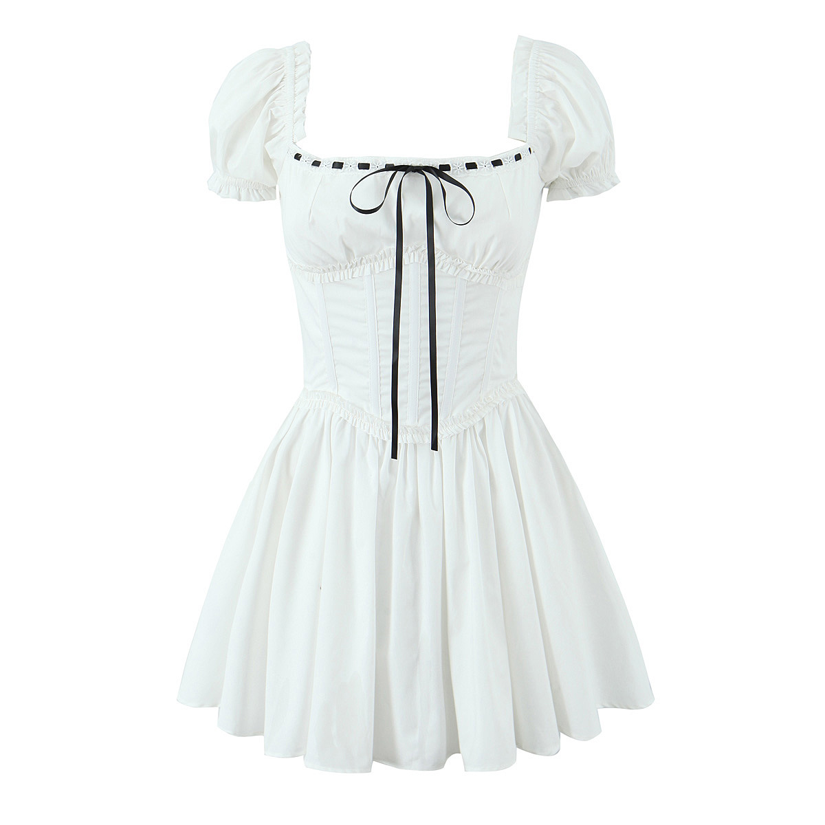 2025 New French Square Collar Sexy Backless Short dress Sweet Lace Puff Sleeve Mini Skirt