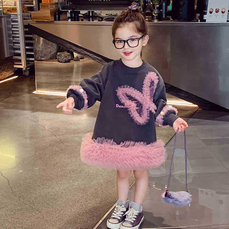 Girl's dress Girl's Casual Sweatshirt Dress Autumn 2024 New Style Children's Stitching Mesh Princess Dress