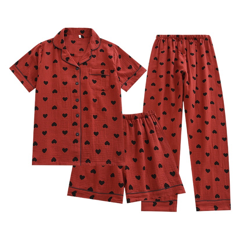 Fresh sweet cute big love pajamas women's summer new short sleeve cotton three-piece suit home wear