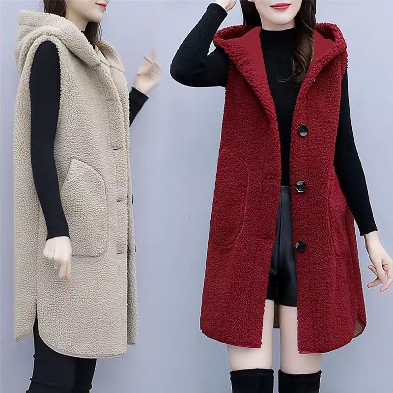 Lambswool 2023 vest autumn and winter fashion style mid-length coat plus size fat sister thickened hooded outer fashion