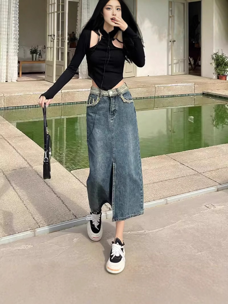 High Waist Denim Skirt Women's Autumn and Winter 2024 New Loose Slimming Design Sense Split Harr Hip Long Skirt