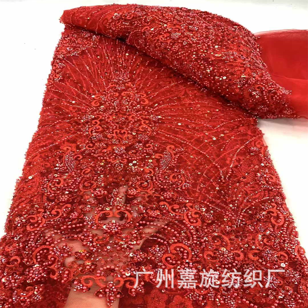 Foreign Trade Red Beads Sequins Lace Embroidered Mesh Bead Tube Wedding Dress Handmade DIY Performance Dress Embroidered Cloth