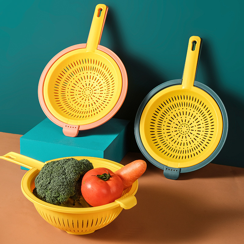 Creative New Hand-held Drain Basket Vegetable Washing Blue Household Kitchen Washing Fruit and Vegetable Plastic Basket Rice Washing Basket Vegetable Washing Basin